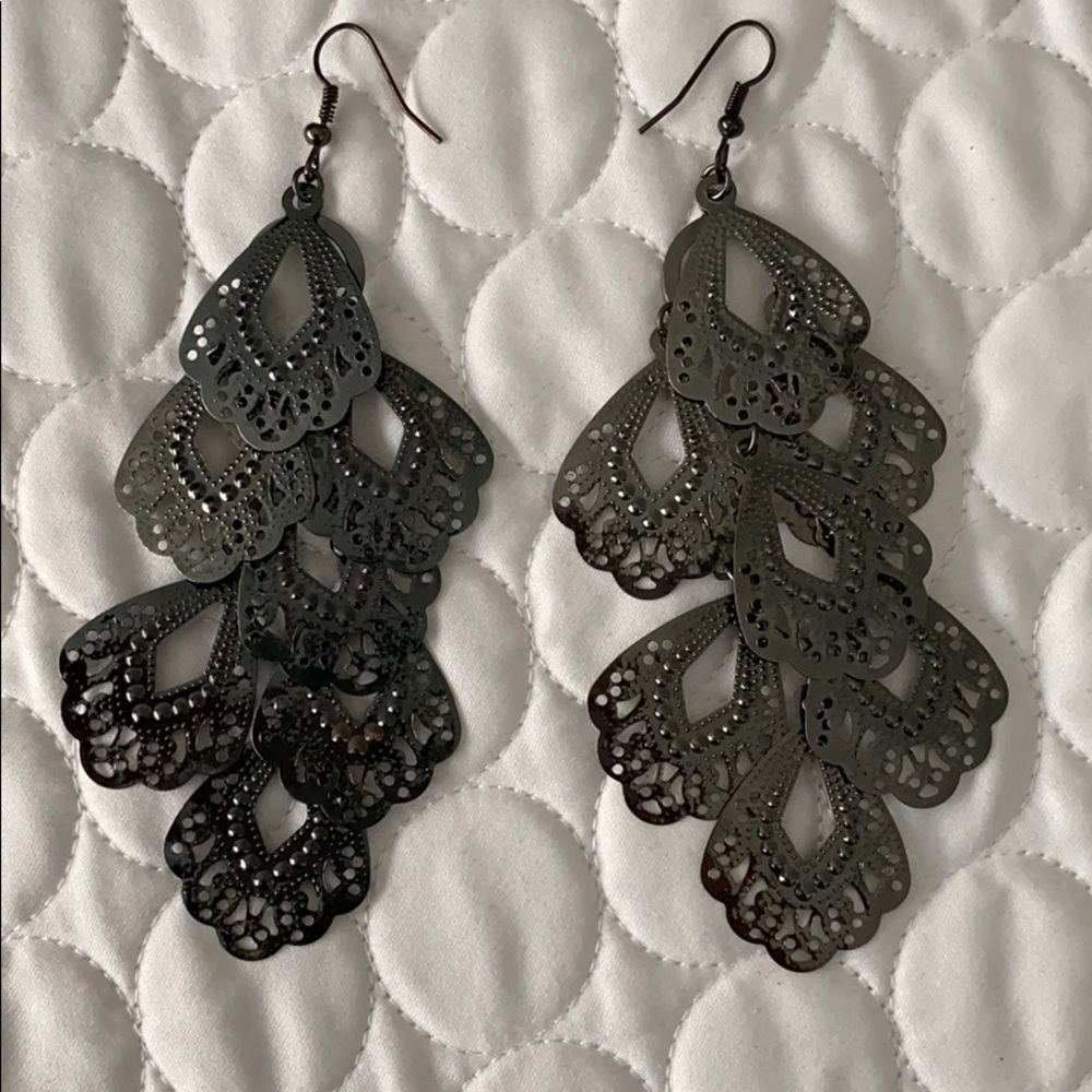 Women Charcoal metal shape hanging tier down earrings dark grey party elegant